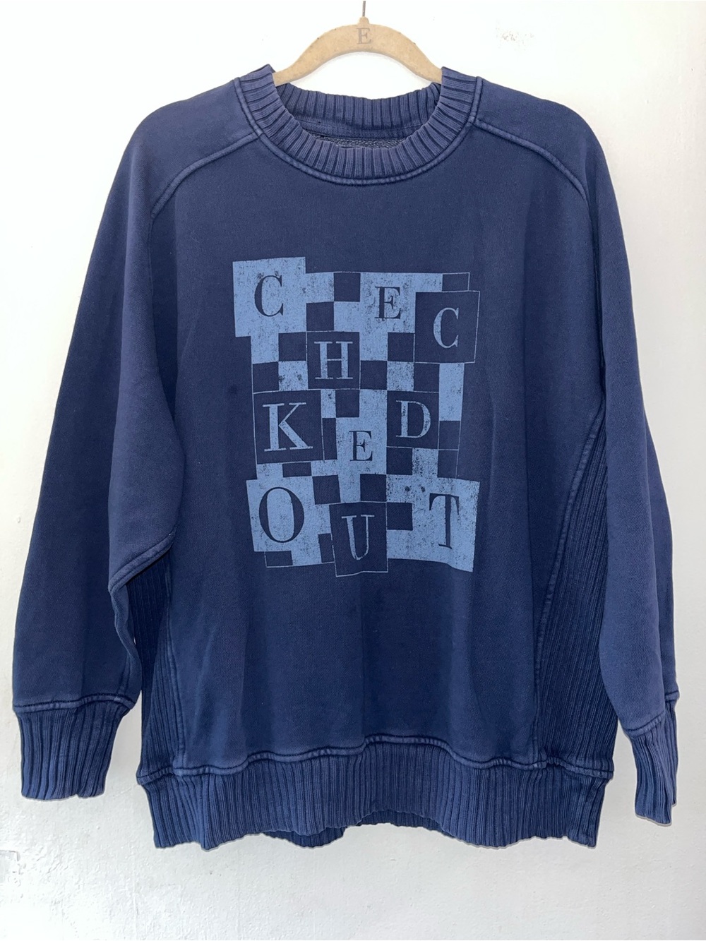 aerie Navy Crewneck Sweatshirt with Checker Graphic